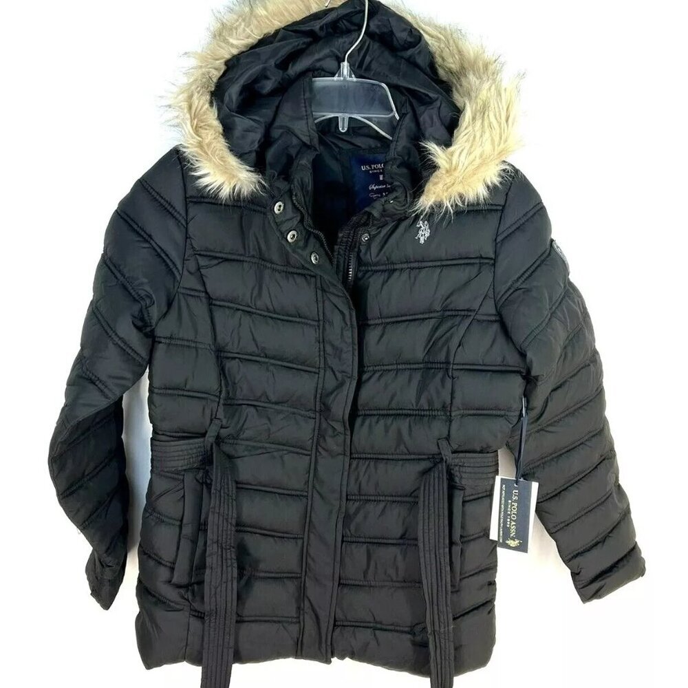 US Polo Assn Women’s Black Faux Fur Trim Hooded Coat Size M